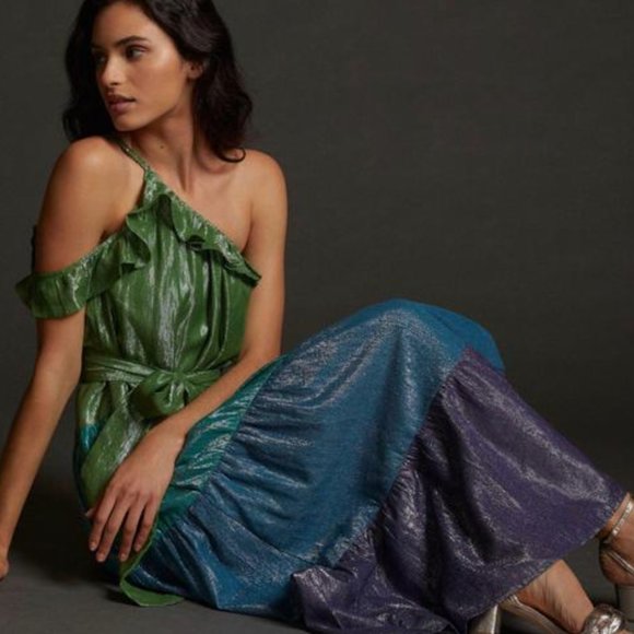 🌈 NWT MAEVE Ruffled One-Shoulder Maxi Dress - Multicolor/Rainbow - XL - Picture 2 of 8